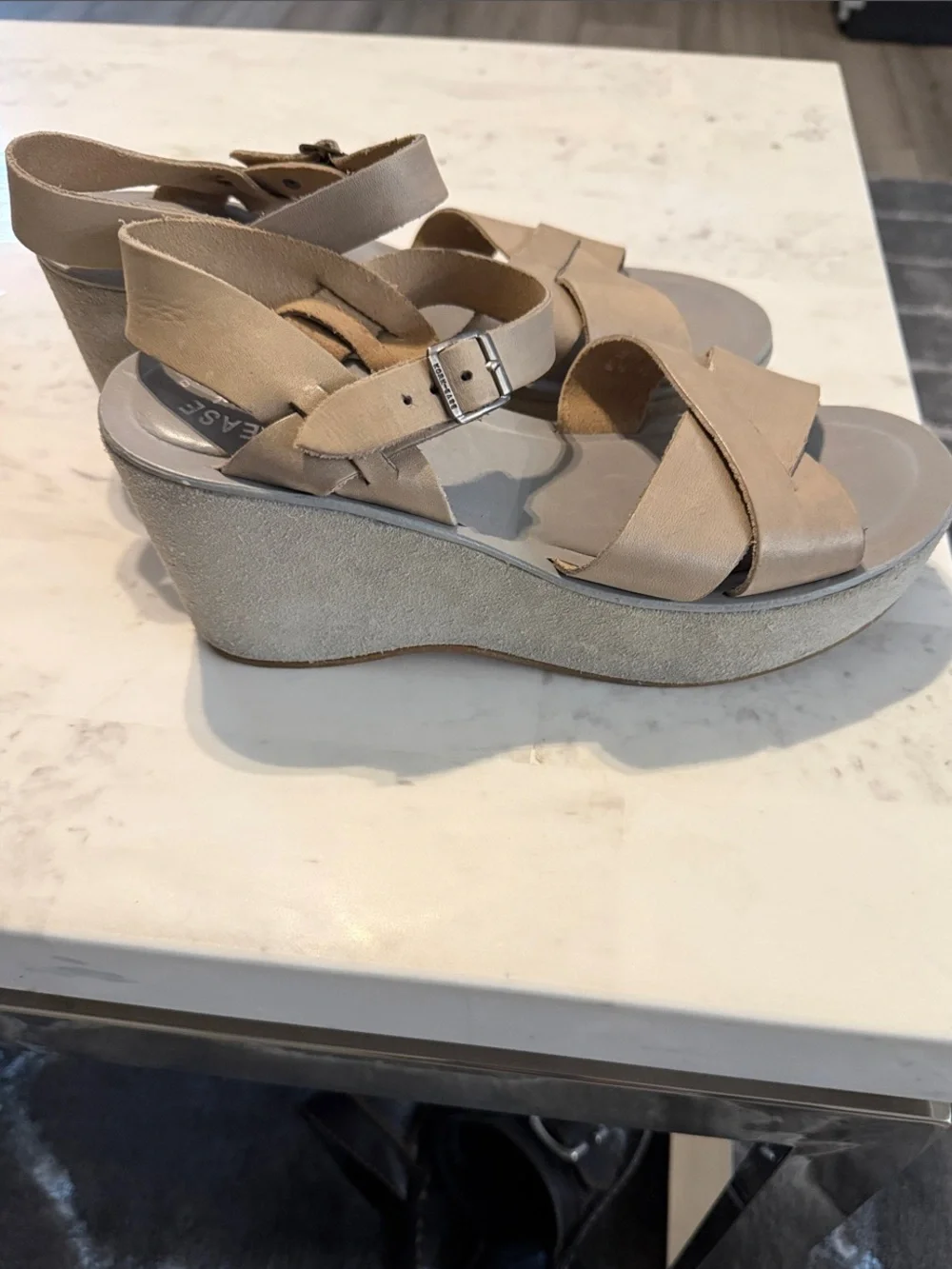 Kork-Ease Taupe Crisscross Ankle-Strap Platform Sandals